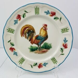Epoch Red Rooster Dinner Plate Blue Scalloped Border 10 5/8‎